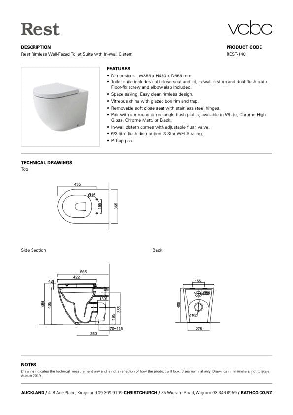 Bath & Co Toilet Suite VCBC Rest Rimless Wall-Faced Toilet Suite with Cistern & Flush Plate