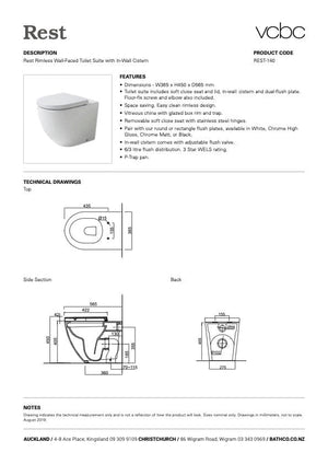 Bath & Co Toilet Suite VCBC Rest Rimless Wall-Faced Toilet Suite with Cistern & Flush Plate