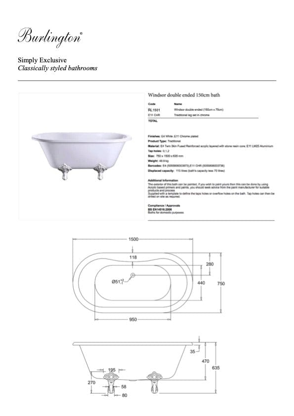 Burlington Bath Burlington Windsor Freestanding Bath 1690mm / Chrome