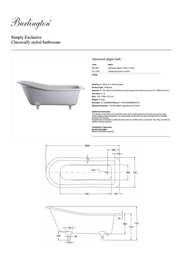 Burlington Bath Burlington Harewood Freestanding Bath White