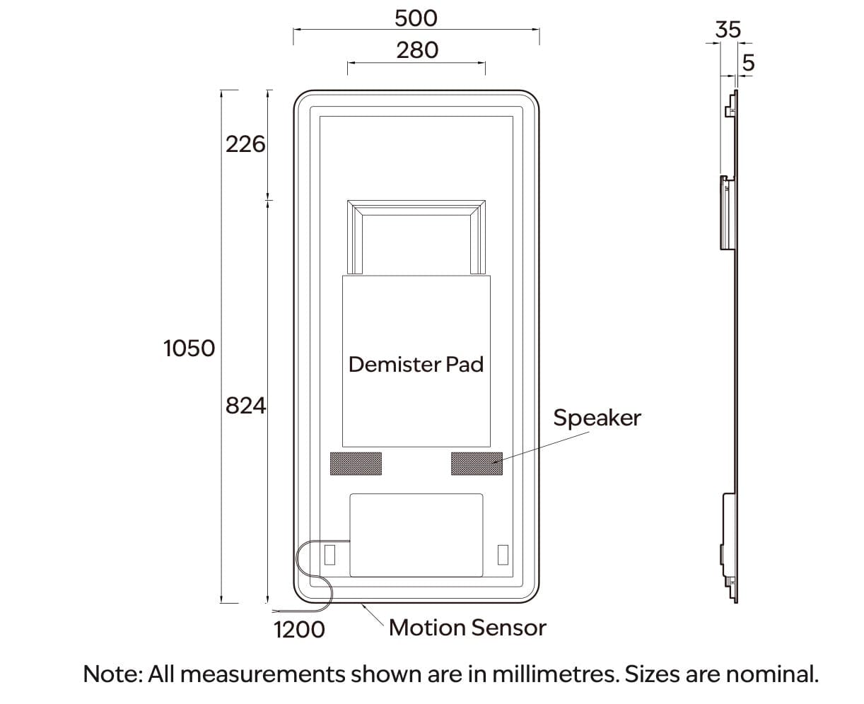 Code Interiors Code Interiors Euro Rectangle LED Mirror | Bluetooth Speaker | 500W x 1050H