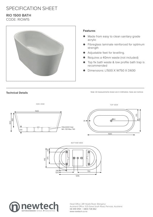Newtech Bath Newtech Rio Freestanding Bath | White 1700mm
