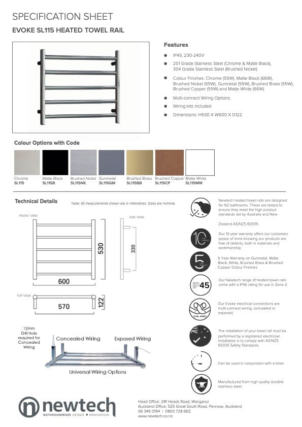Newtech Heated Towel Ladder Newtech Evoke 5 Bar Heated Towel Ladder 530mm | Brushed Nickel