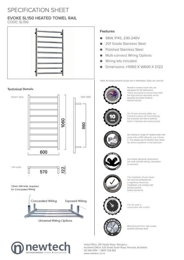 Newtech Heated Towel Ladder Newtech Evoke 9 Bar Wide Heated Towel Ladder 1060mm | Chrome