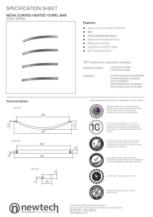 Newtech Heated Towel Bar Newtech Nova Curved Heated Towel Rail 700mm | Chrome With LT050 (20-70 Watts) Transformer