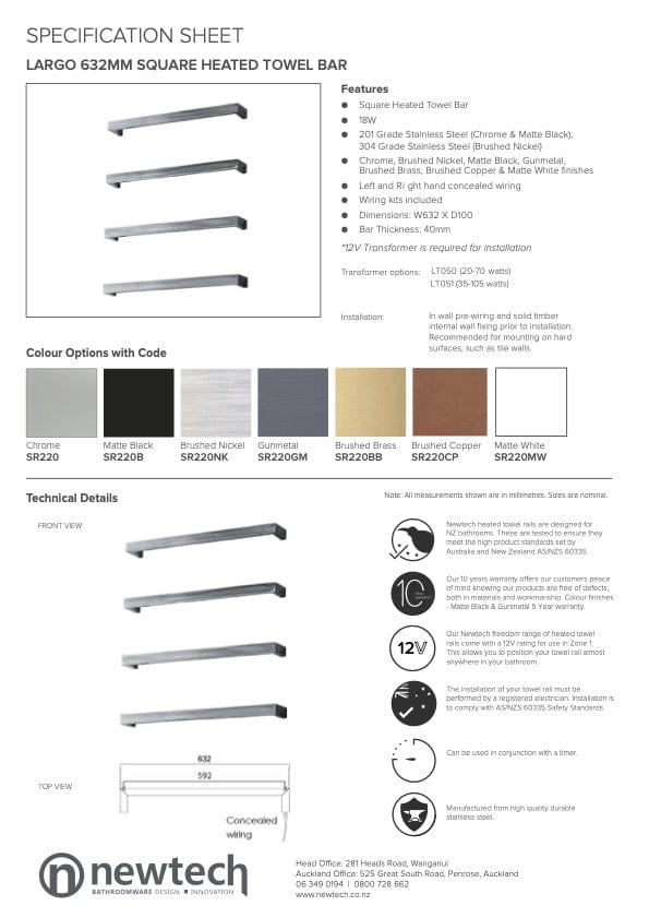 Newtech Heated Towel Bar Newtech Largo Square Heated Towel Rail 632mm | Brushed Nickel With LT050 (20-70 Watts) Transformer