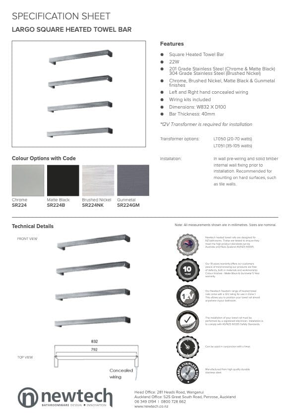Newtech Heated Towel Bar Newtech Largo Square Heated Towel Rail 832mm | Chrome With LT051 (35-105 Watts) Transformer