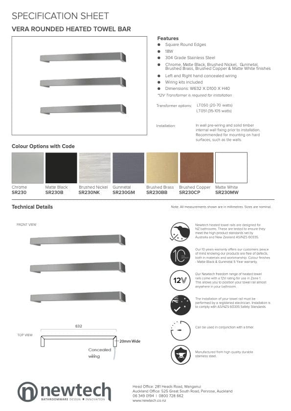 Newtech Heated Towel Bar Newtech Vera Rounded Heated Towel Rail 632mm | Gunmetal With LT051 (35-105 Watts) Transformer