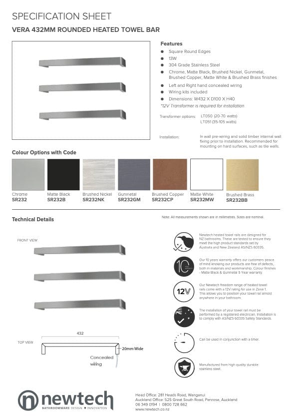Newtech Heated Towel Bar Newtech Vera Rounded Heated Towel Rail 432mm | Chrome With LT051 (35-105 Watts) Transformer