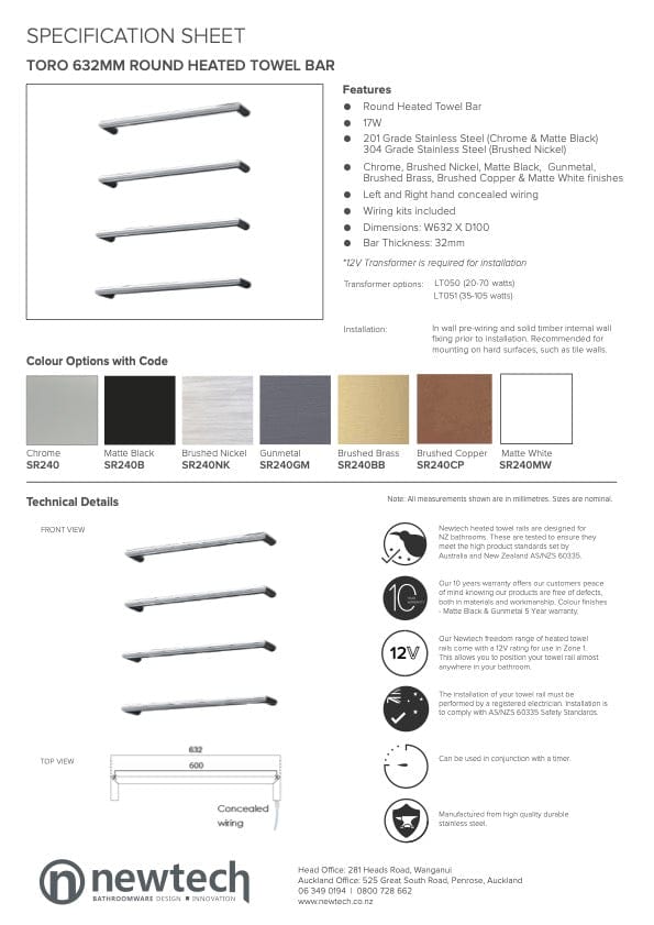 Newtech Heated Towel Bar Newtech Toro Round Heated Towel Rail 632mm | Chrome With LT050 (20-70 Watts) Transformer