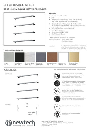 Newtech Heated Towel Bar Newtech Toro Round Heated Towel Rail 432mm | Chrome
