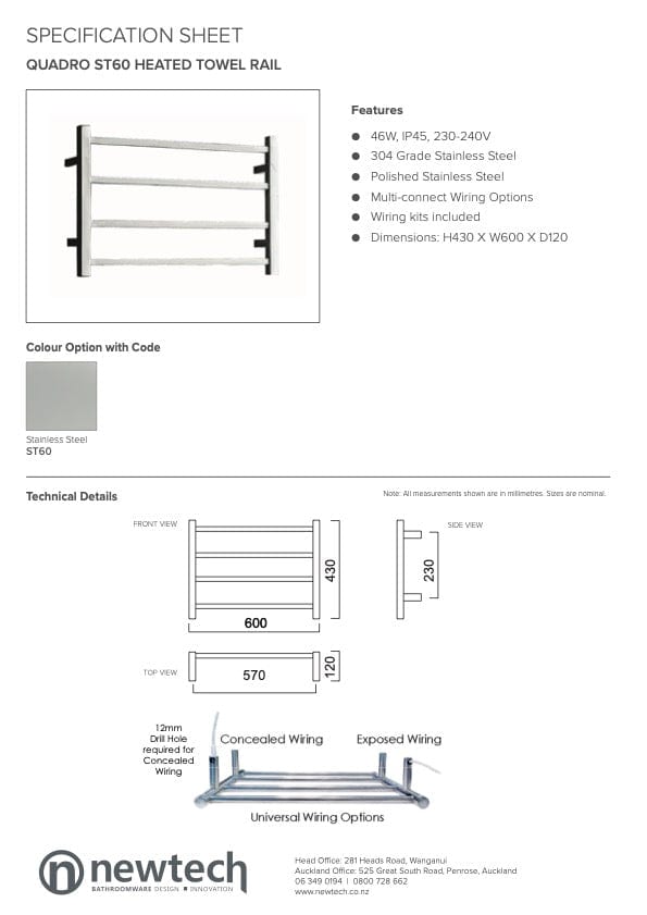 Newtech Heated Towel Ladder Newtech Quadro 4 Bar Heated Towel Ladder 430mm | Chrome