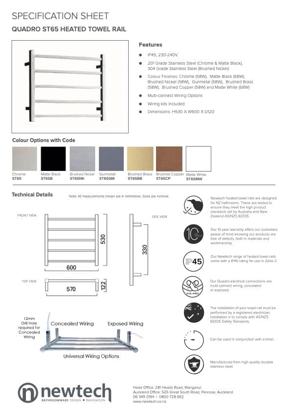 Newtech Heated Towel Ladder Newtech Quadro 5 Bar Heated Towel Ladder 530mm | Brushed Copper