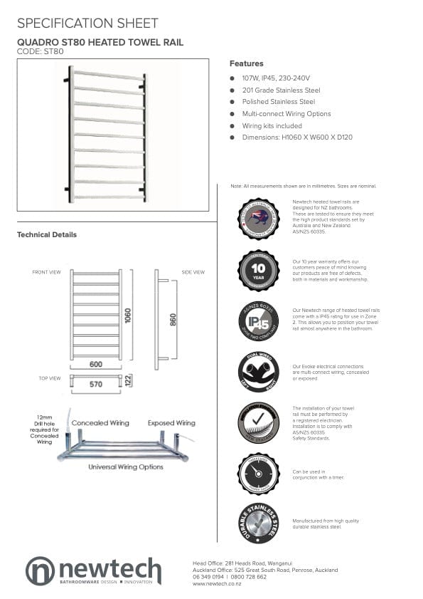 Newtech Heated Towel Ladder Newtech Quadro 9 Bar Wide Heated Towel Ladder 1060mm | Chrome