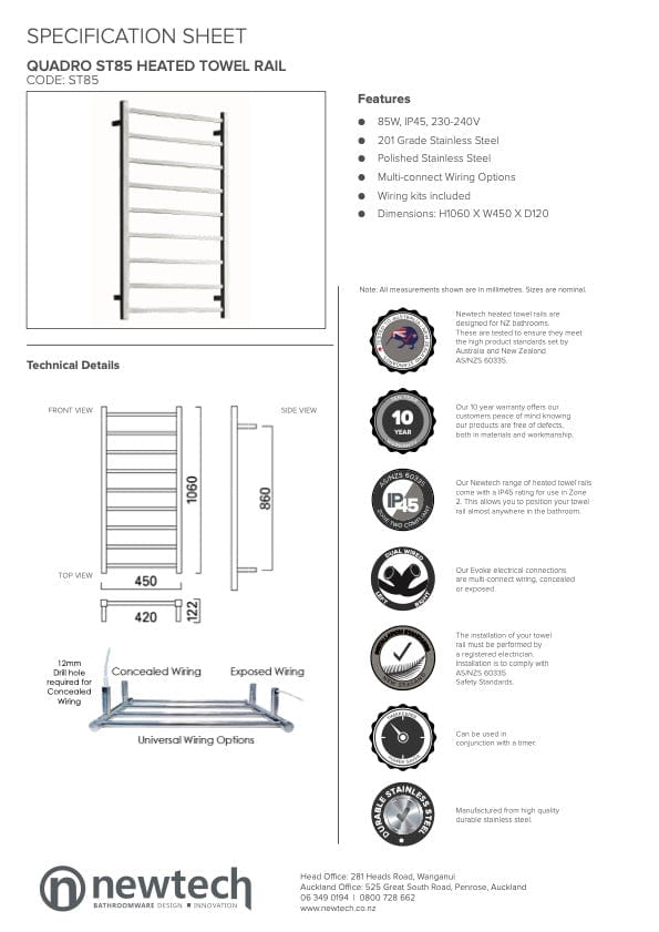 Newtech Heated Towel Ladder Newtech Quadro 9 Bar Heated Towel Ladder 1060mm | Chrome