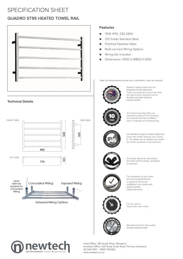 Newtech Heated Towel Ladder Newtech Quadro 5 Bar Wide Heated Towel Ladder 530mm | Chrome