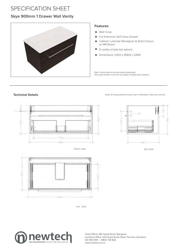 Newtech Newtech Skye Single Tier 900mm | 1 Drawer Wall Vanity