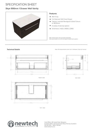 Newtech Newtech Skye Single Tier 900mm | 1 Drawer Wall Vanity
