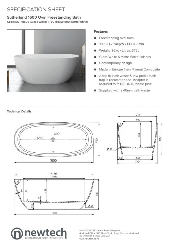 Newtech Bath Newtech Sutherland Freestanding Bath | Matte White