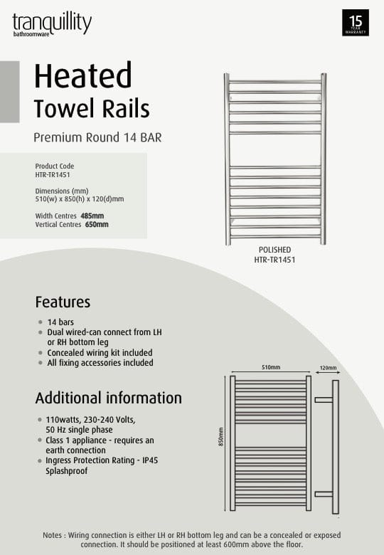 Tranquillity Heated Towel Ladder Tranquillity Premium Round Heated Towel Ladder 850mm | Polished Stainless Right-Hand Cable / Without Timer