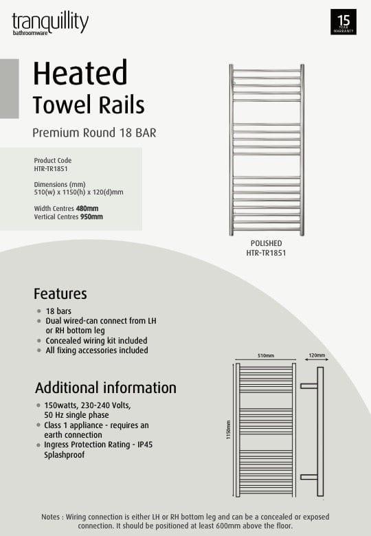 Tranquillity Heated Towel Ladder Tranquillity Premium Round Heated Towel Ladder 1150mm | Polished Stainless Right-Hand Cable / With Timer