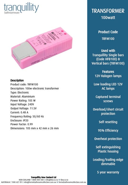 Tranquillity Heated Towel Bar Tranquillity Transformer | 100 Watts