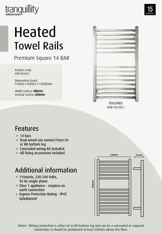Tranquillity Heated Towel Ladder Tranquillity Premium Square Heated Towel Ladder 850mm | Polished Stainless Left-Hand Cable / Without Timer