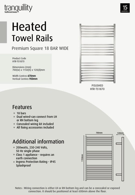 Tranquillity Heated Towel Ladder Tranquillity Premium Square Wide Heated Towel Ladder 1150mm | Polished Stainless Right-Hand Cable / Without Timer