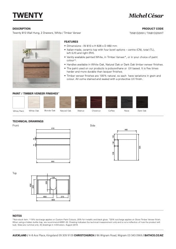 Bath & Co Vanity Michel César Twenty 810 Vanity | Single Basin & 2 Drawers Right Basin / Dark Oak / Timber Veneer