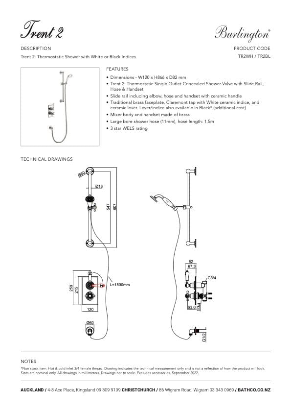 Burlington shower Burlington Trent Thermostatic Single Outlet Concealed Shower Valve with Rail, Hose & Handset | Chrome With Soap Basket