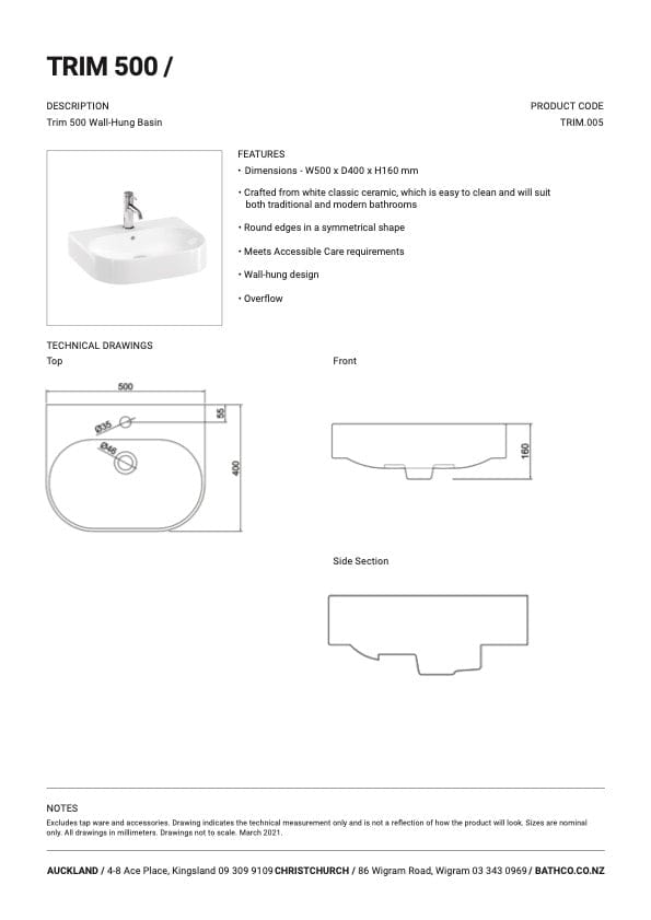 Bath Co Basin Bath Co Trim Basin | 500mm