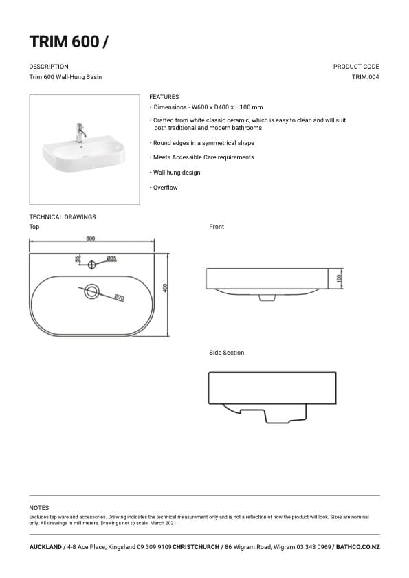 Bath Co Bath Co Trim Basin | 600mm