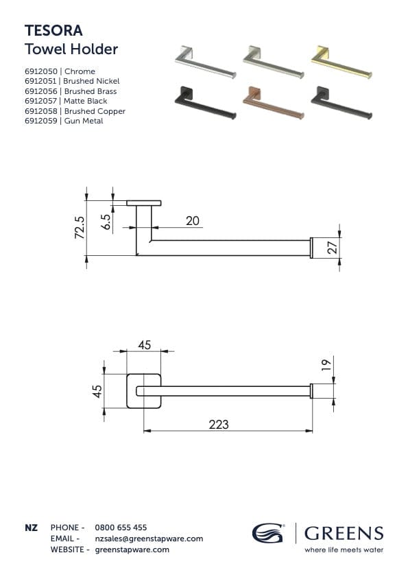 Greens Hand Towel Rail Greens Zuri Hand Towel Holder | Brushed Copper