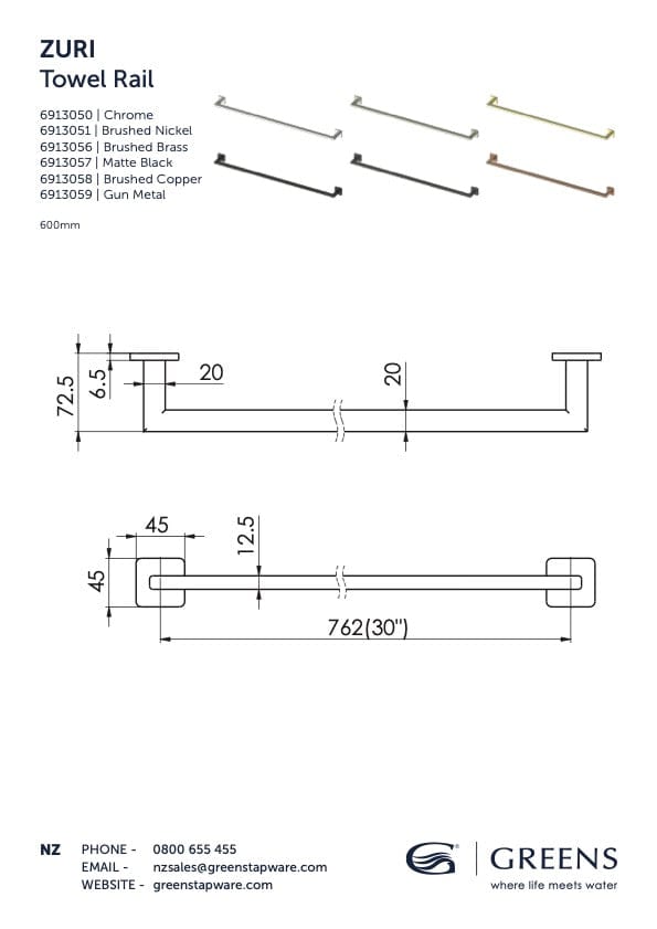 Greens Towel Rail Greens Zuri Single Towel Rail 762mm | Brushed Copper