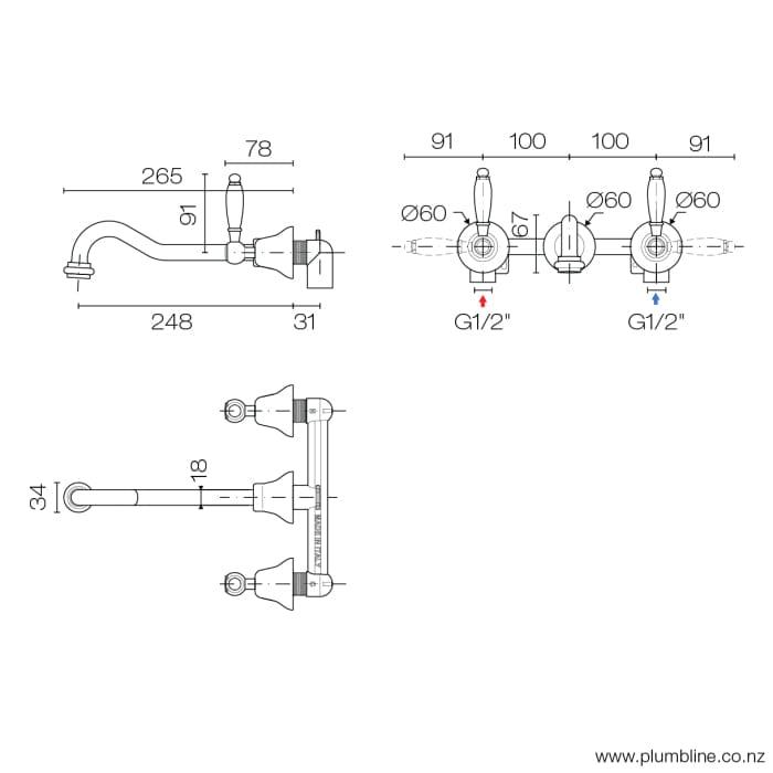 Plumbline Basin Tap McKinley Consort 3 Hole Wall Mount Basin Mixer | Chrome