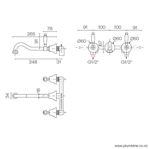Plumbline Basin Tap McKinley Consort 3 Hole Wall Mount Basin Mixer | Chrome