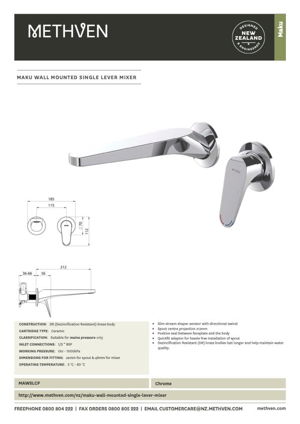 Methven Basin Tap Methven Maku Wall Mounted Single Lever Mixer | Chrome