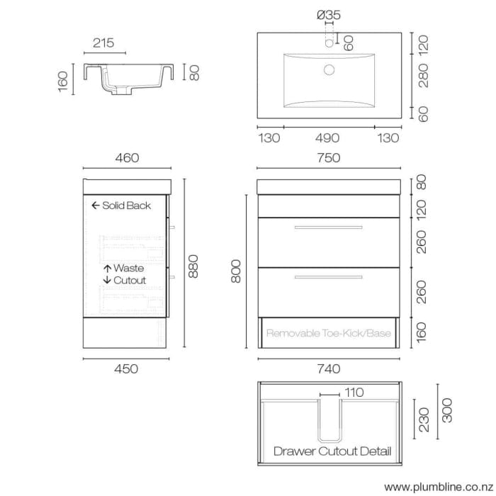 Progetto Vanity Mia Plus 750 Vanity | 2 Drawers Sand Oak