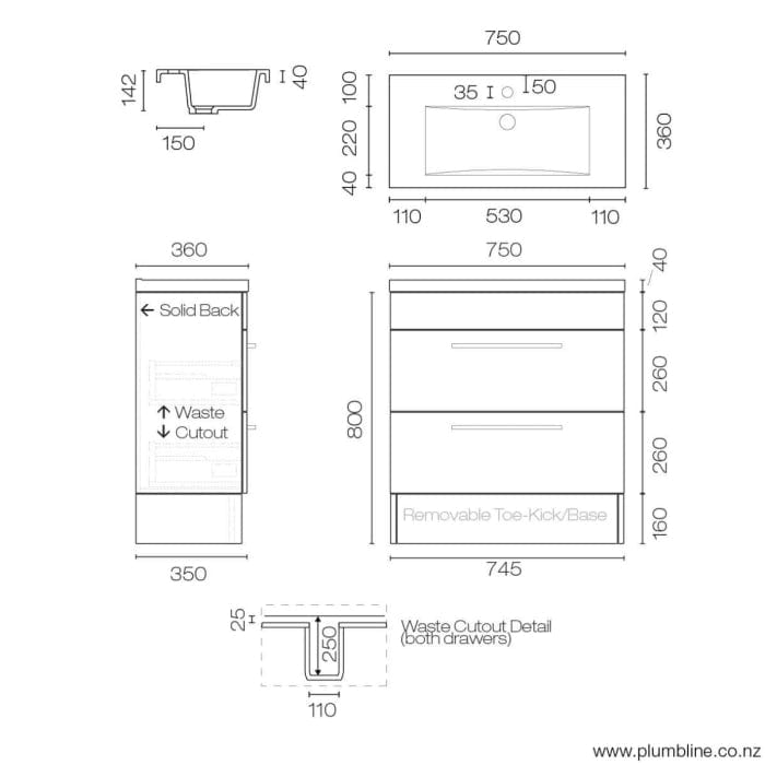 Progetto Vanity Mia Slim 750 Vanity | 2 Drawers Black Oak