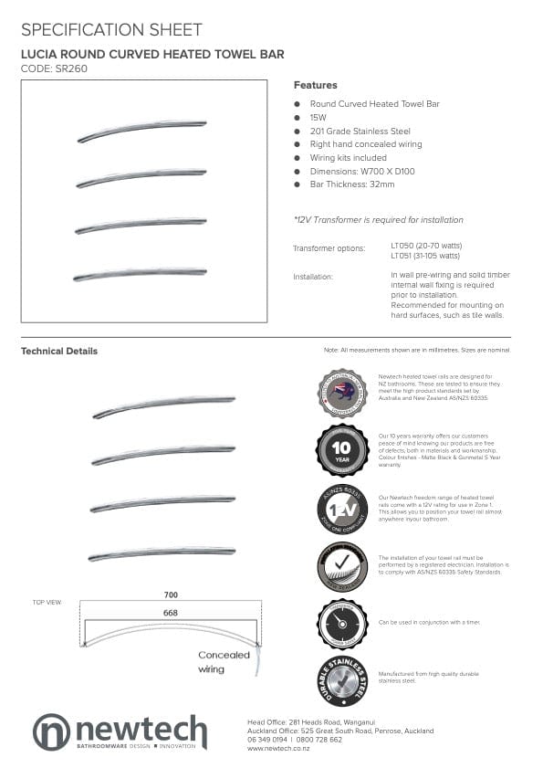 Newtech Heated Towel Bar Newtech Lucia Curved Heated Towel Rail 700mm | Chrome With LT051 (35-105 Watts) Transformer