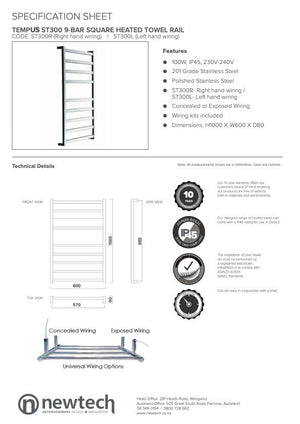 Newtech Heated Towel Ladder Newtech Tempo 9 Bar Heated Towel Ladder 1000mm | Chrome Right Hand Wiring