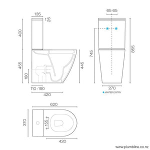 Plumbline Toilet Suite Zen Rimless Overheight Back to Wall Toilet Suite with Thick Seat
