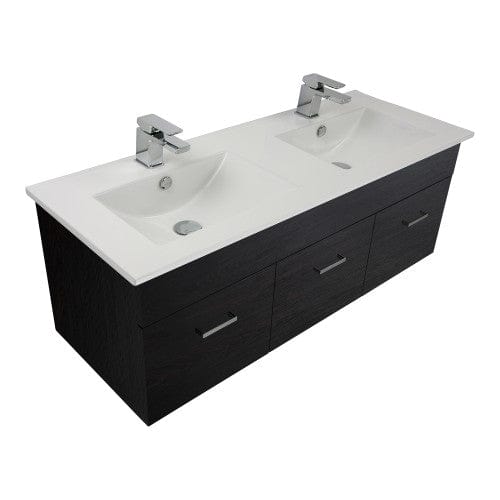Newtech Newtech Qube 1200mm | 2 Door, 1 Drawer Double Basin Wall Vanity Charred Elm / Vercelli Vitreous China (extra cost)