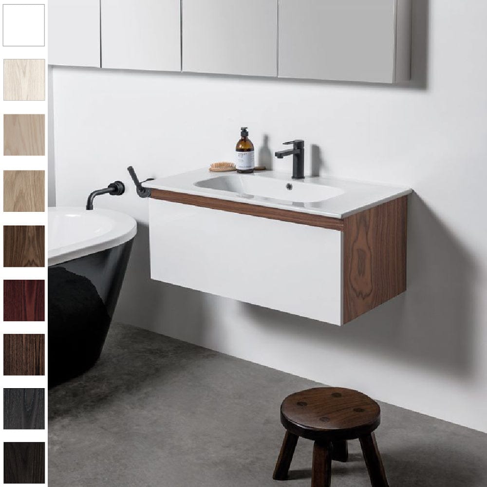 Bath & Co Vanity Michel César Qubo 900 Vanity | Single Basin & 1 Drawer Timber Veneer Cabinet with Painted Drawer / Timber Veneer