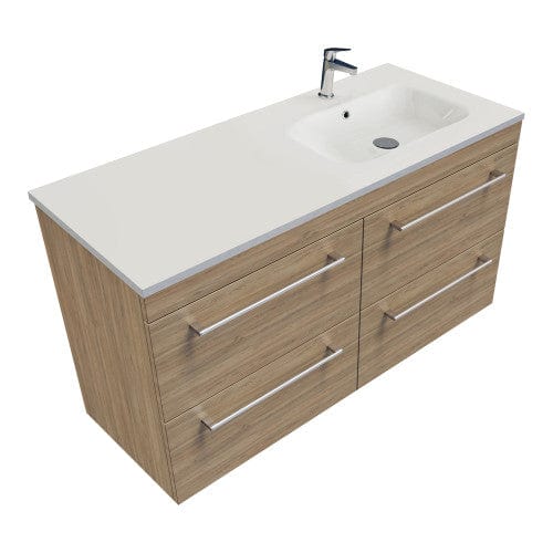 Newtech Newtech Citi Double Tier 1200mm | Right Offset Basin 4 Drawer Wall Vanity Charred Elm / Via Matte White