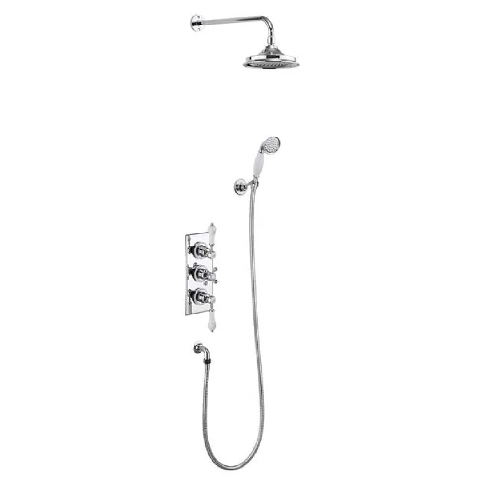 Burlington shower Burlington Trent Thermostatic Two Outlet Concealed Shower Valve, Fixed Shower Arm, Handset & Holder with Hose | Chrome 9" Shower Head / With Slide Rail / With Soap Basket