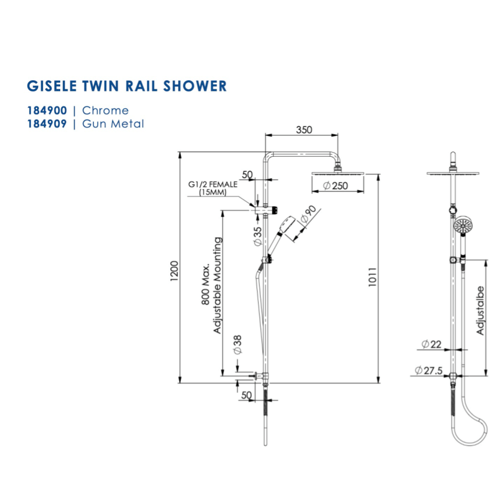 Greens Shower Greens Gisele Twin Rail Shower | Matte Black