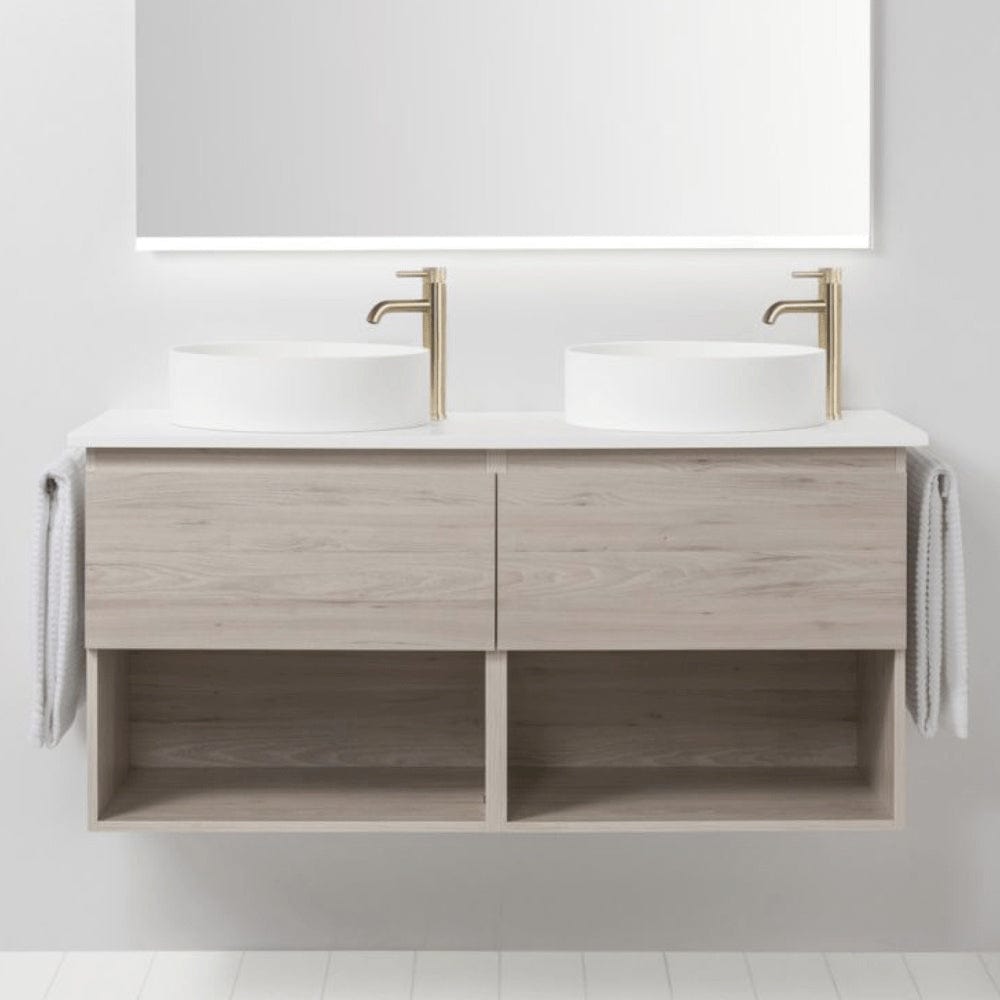Bath & Co Vanity VCBC Soft Solid Surface 1300 Wall Vanity | 2 Basins, 2 Drawers + Shelves