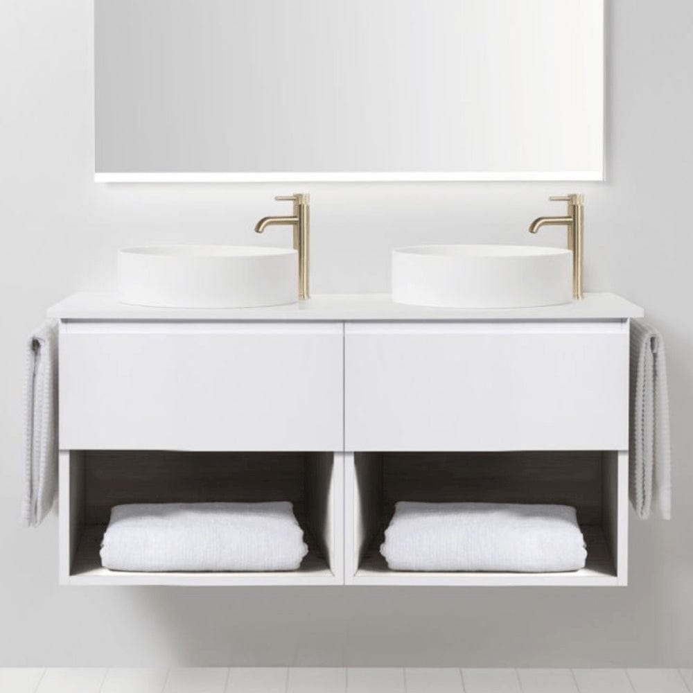 Bath Co Vanity VCBC Soft Solid Surface 1300 Wall Vanity | 2 Basins, 2 Drawers + Shelves