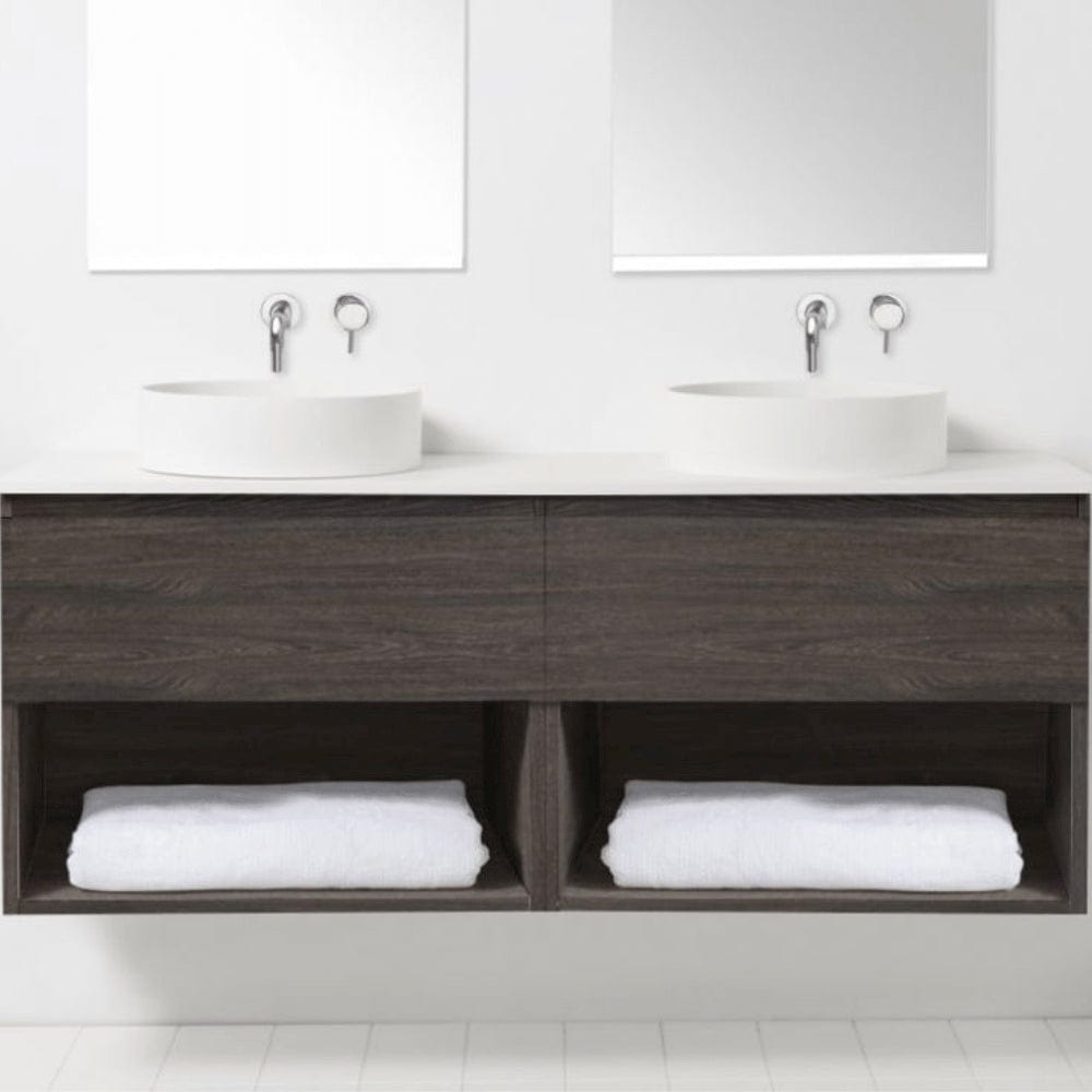 Bath Co Vanity VCBC Soft Solid Surface 1550 Wall Vanity | 2 Basins, 2 Drawers + Shelves